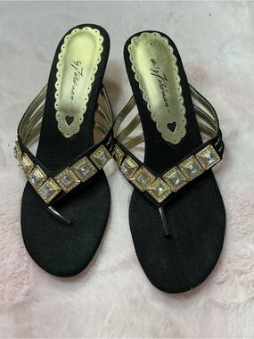 Beverly Feldman Black Sandal with Gold Jewel Accents b109